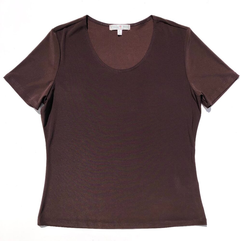 Vintage Suzie short sleeve top blouse women Large stretch chocolate brown basic